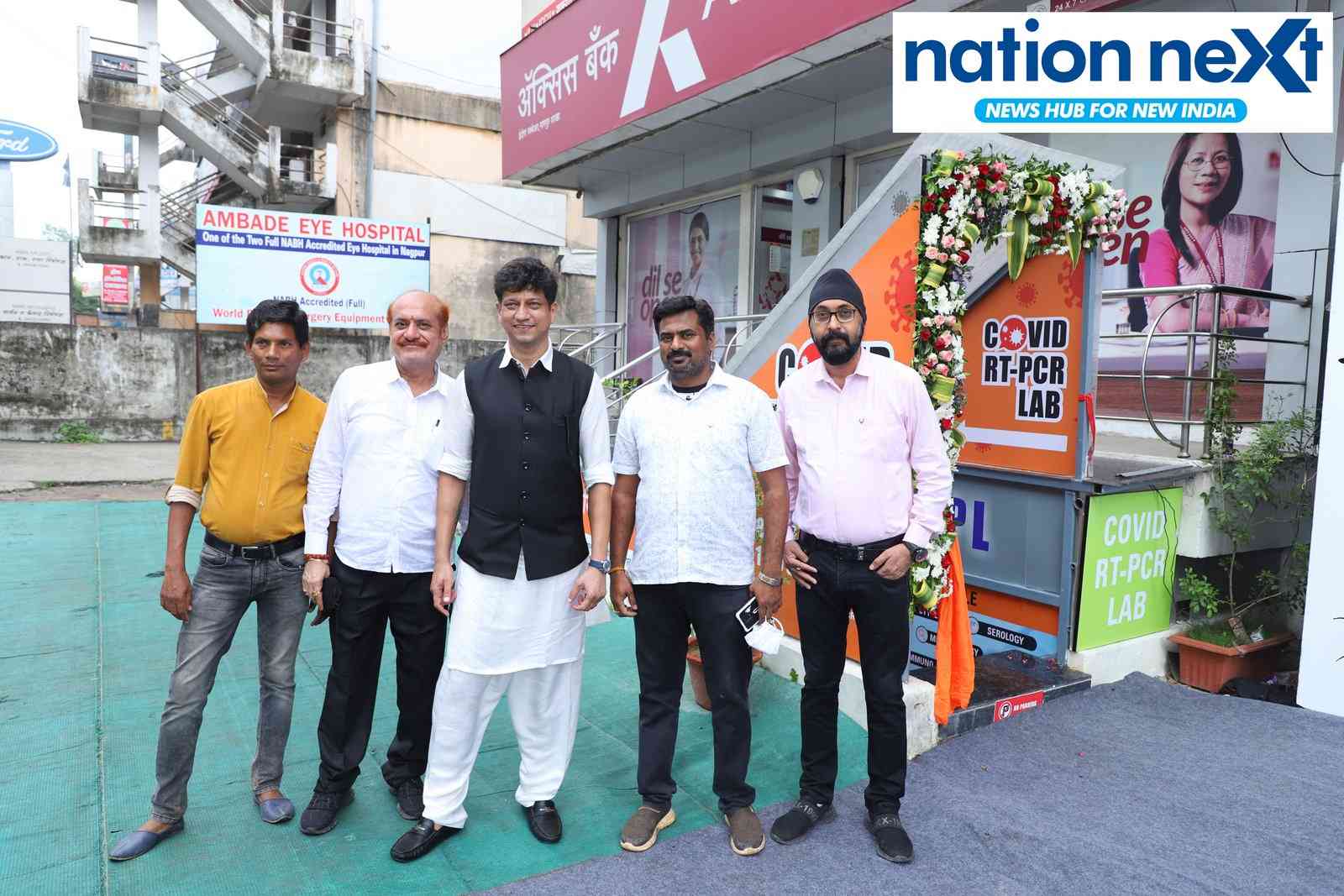 Vikas Kshirsagar, Kishor Jham, Dr Major Shantanu Mukerji, Somesh Dambhare and Amarjeet Singh Suri during the inauguration of Advance Diagnostics Pathlab for COVID RT-PCR at Indora Square in Nagpur